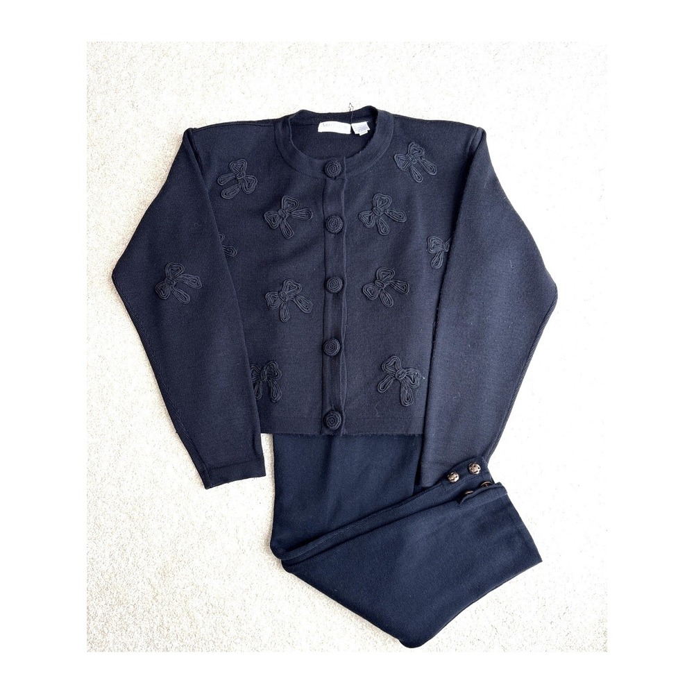 Ann Taylor Studio 2 Piece Knit Set Medium Black Bow Applique Coquette VTG